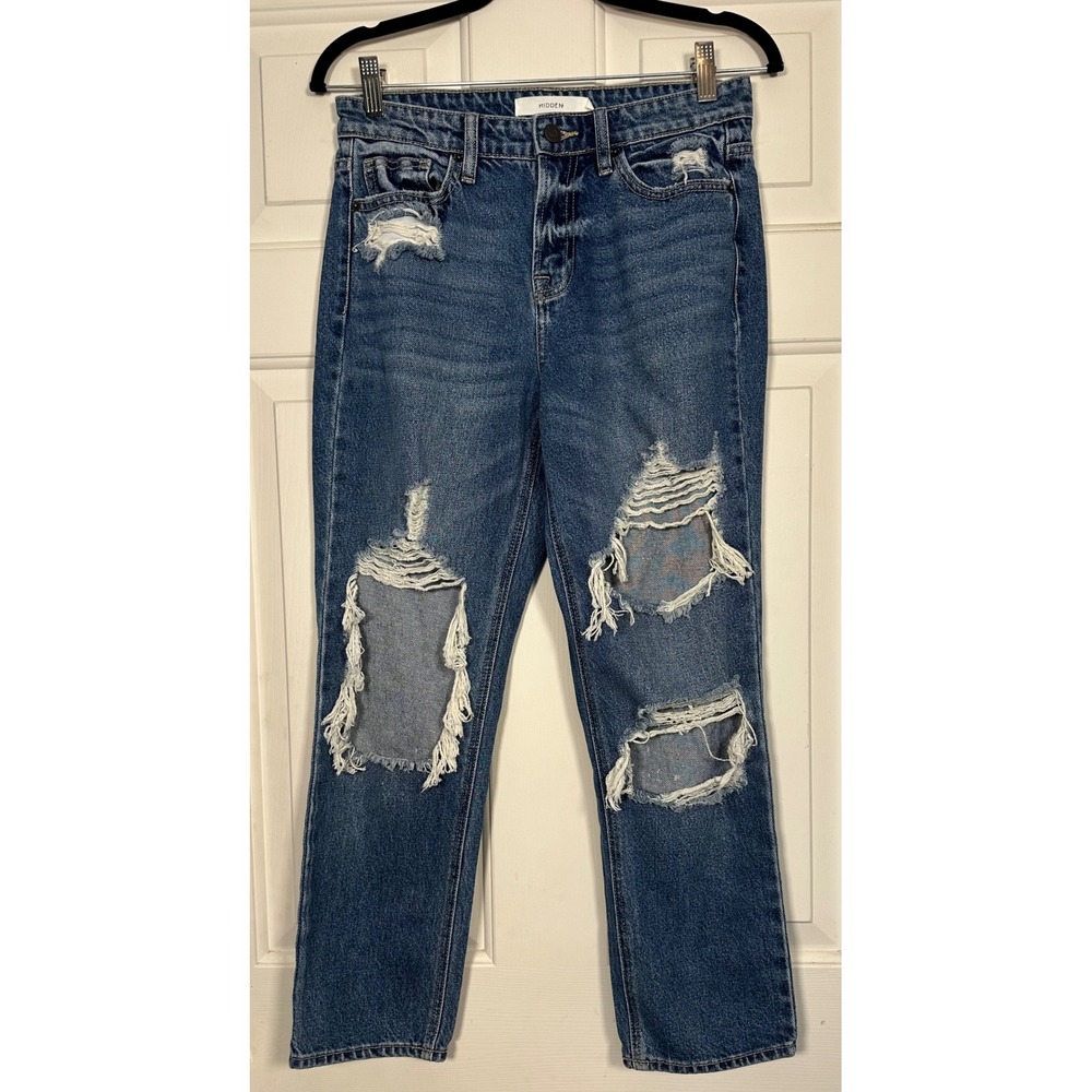 Hidden Jeans Women 26 Distressed Straight Leg High Rise Blue‎ Denim